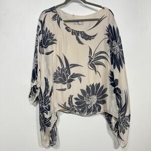 Tina Stevens Silk Blend Floral Top One Size OS Multicolor Batwing Dolman Sleeve